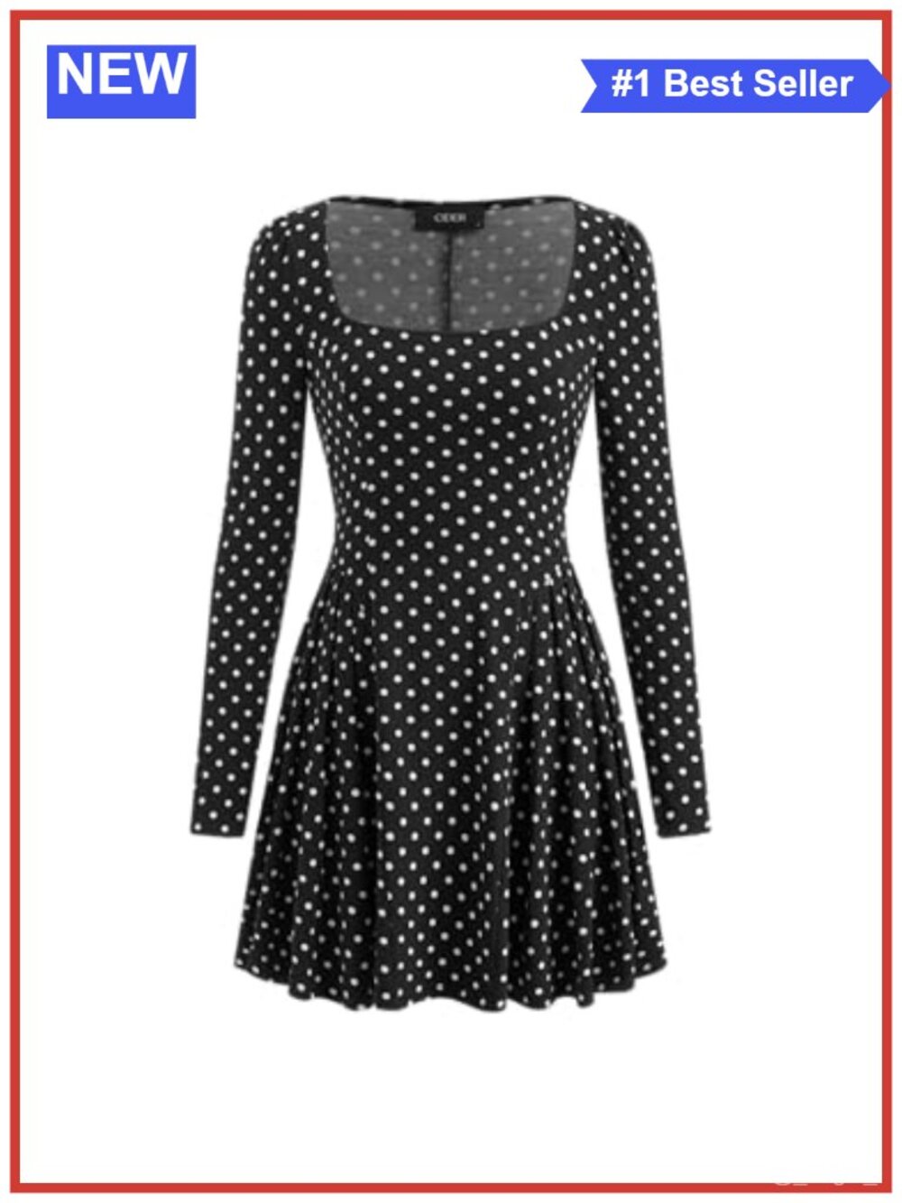 Polka Dot Mini Dress Square Neck Long Sleeve Drop Waist A-Line Party